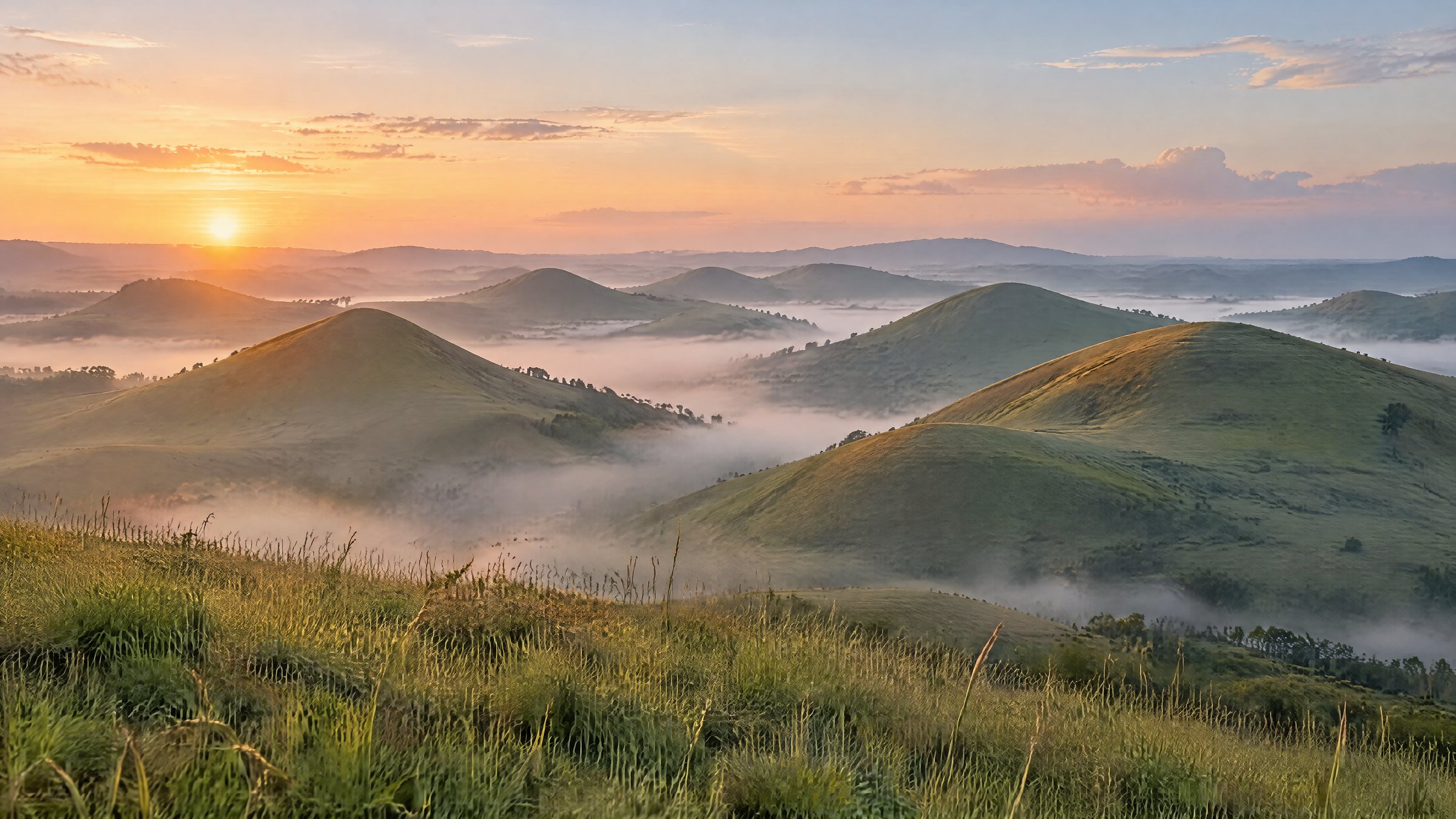Soft green rounded hills at dawn, with mist in the valleys