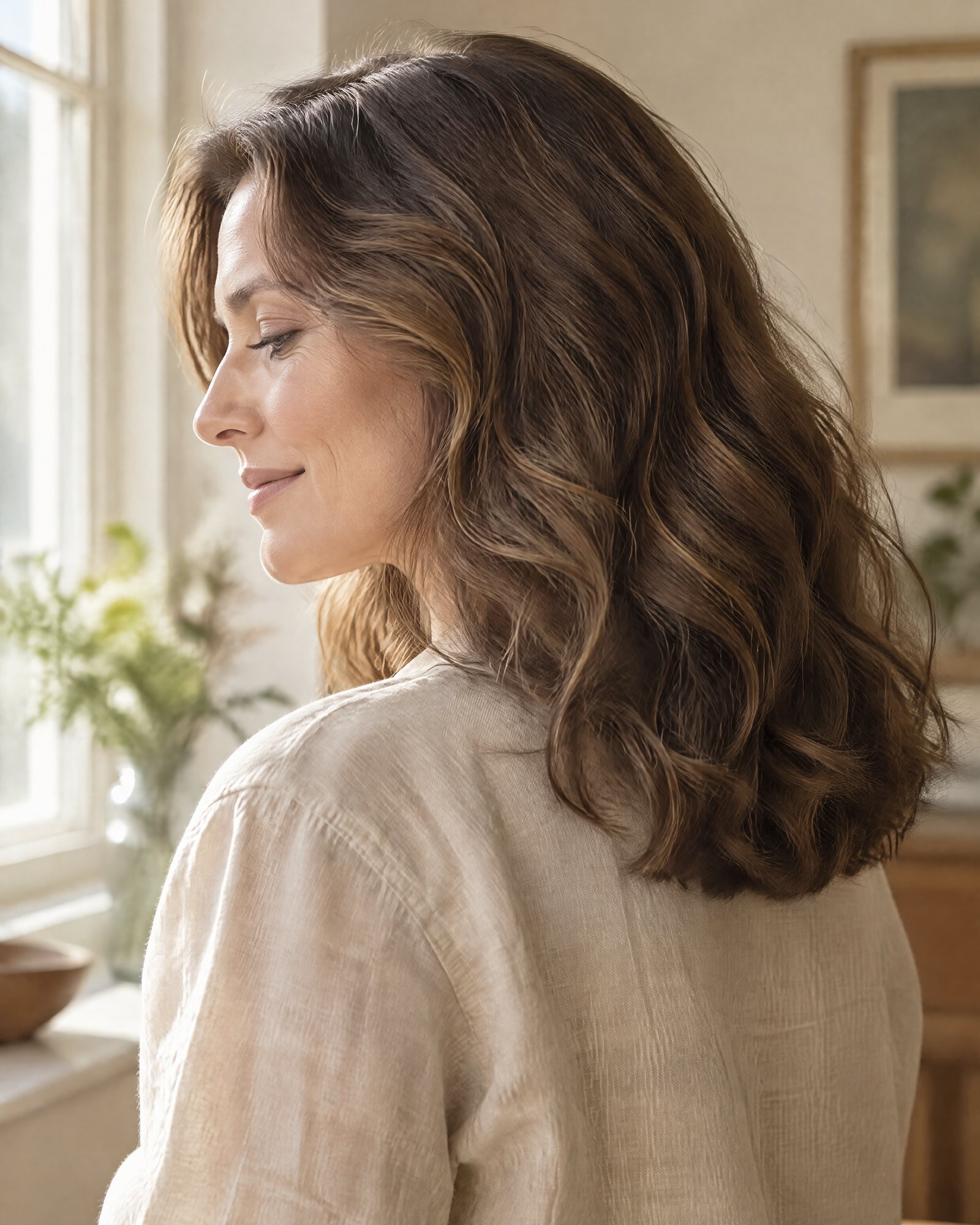An adult with clean, soft, healthy-looking hair in natural light