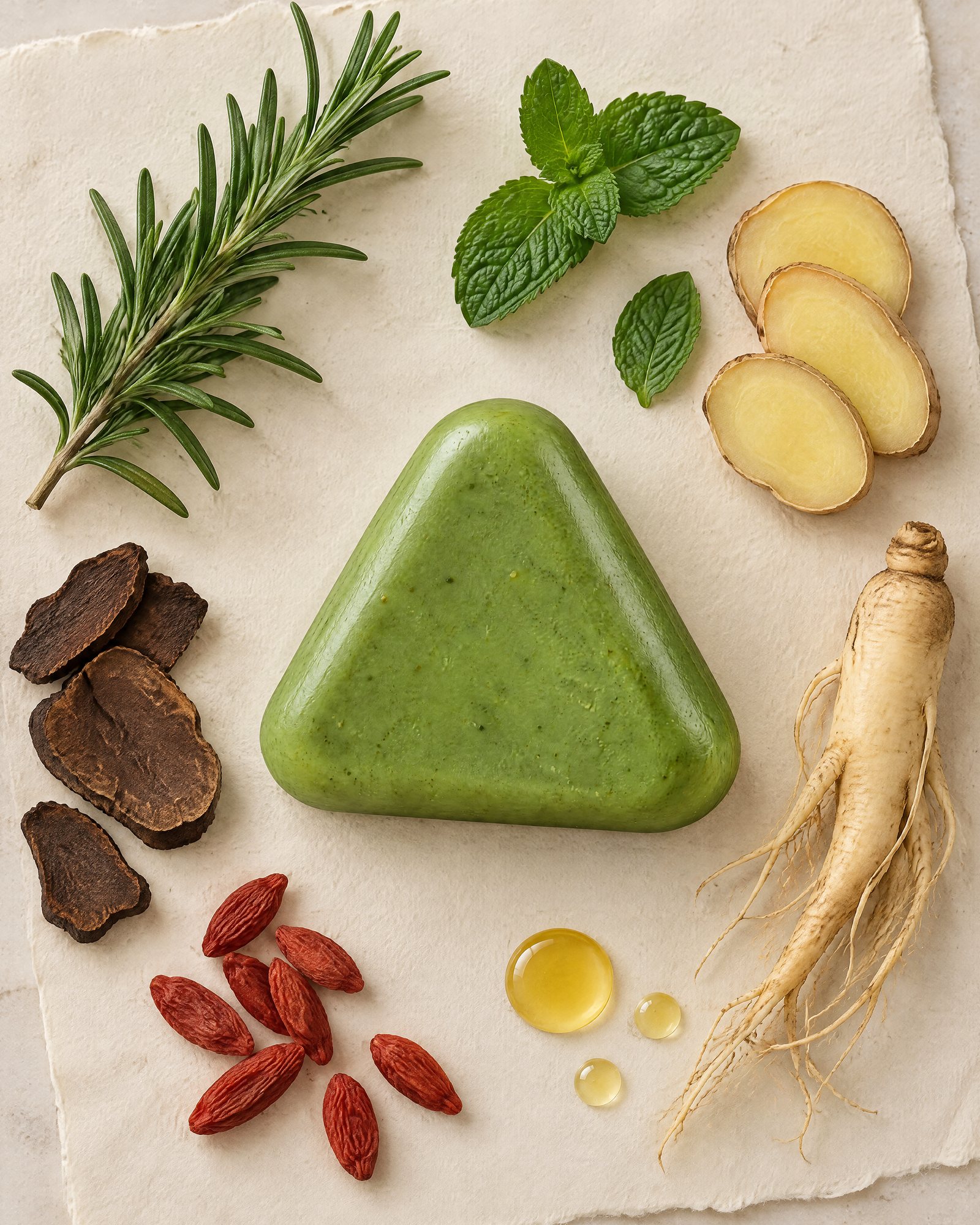 The Scalp Bar on pale paper among rosemary, mint, sliced ginger, dried he shou wu root, goji berries, a ginseng root and drops of plant oil