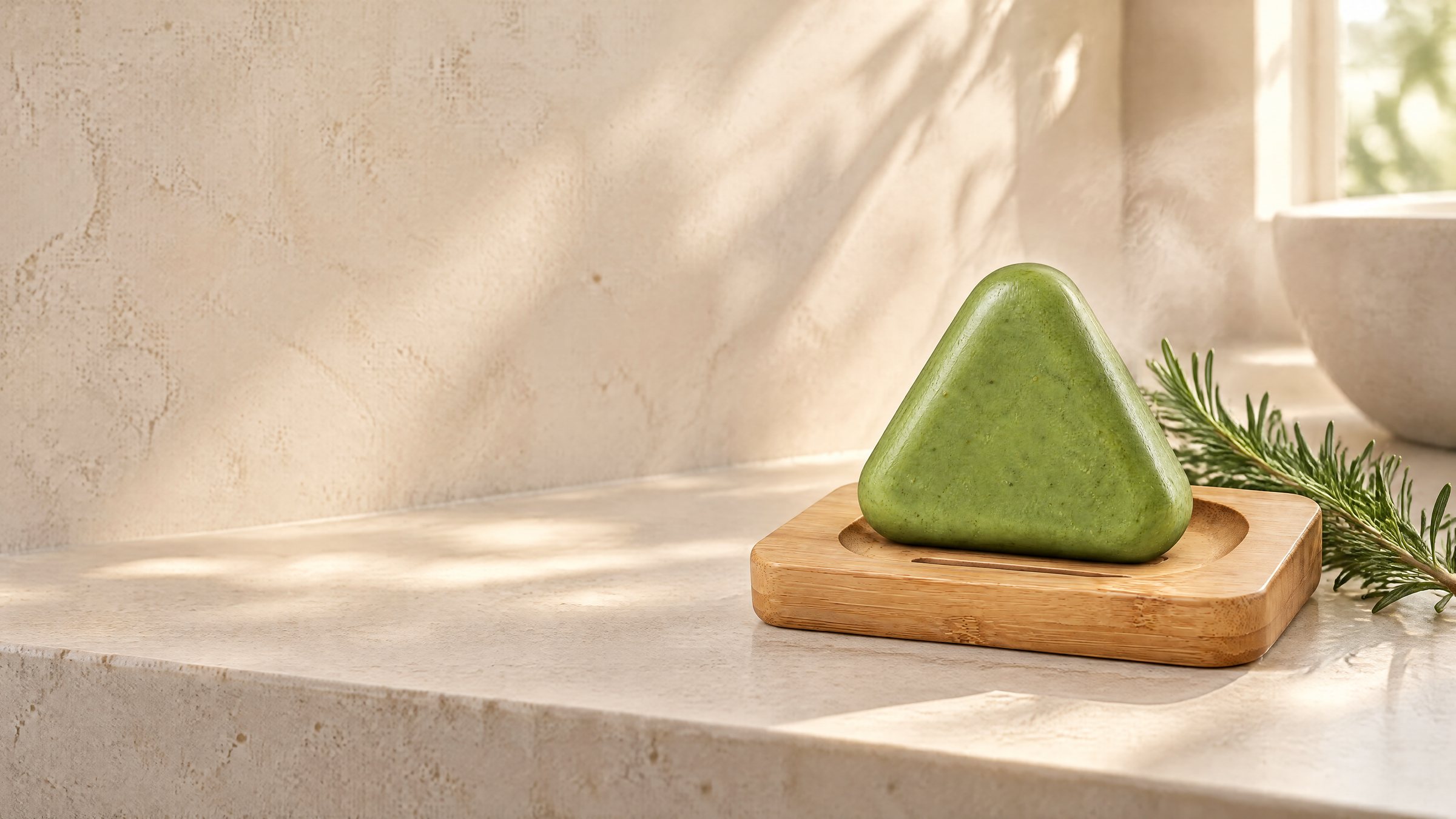 The green Scalp Bar resting on the Bamboo Bar Dock on a pale stone bathroom ledge in soft morning light, with a sprig of rosemary