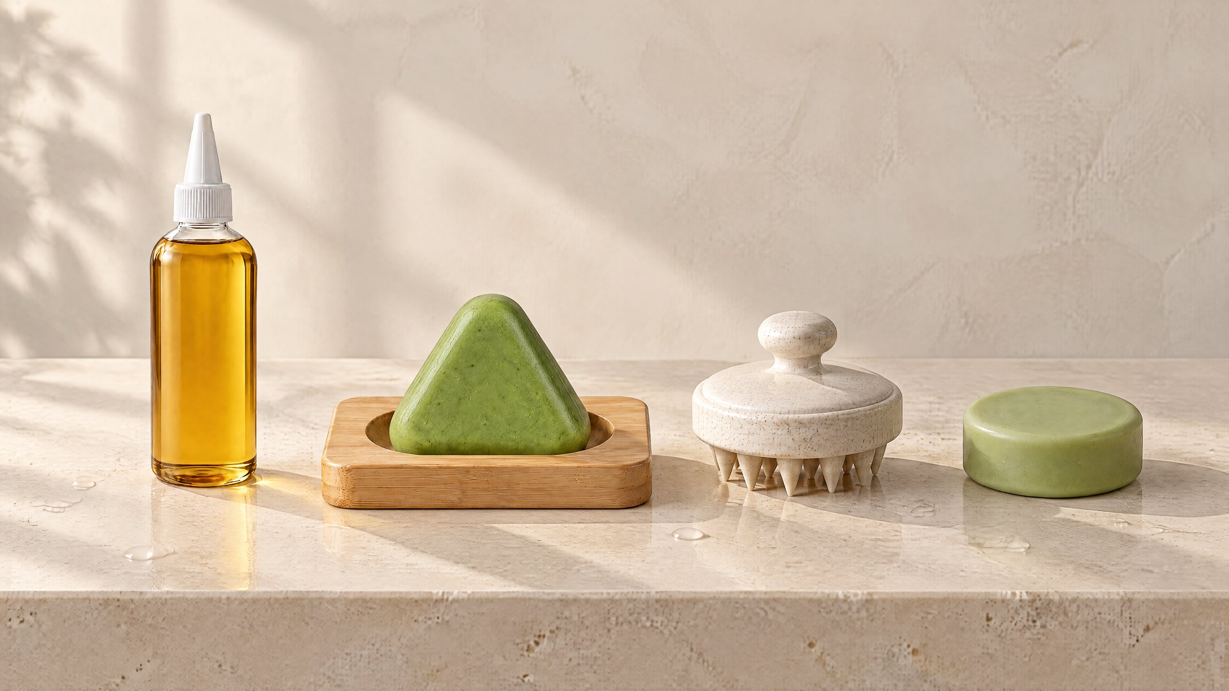 The five products lined up on a long stone ledge: the Scalp Oil, the Scalp Bar on its dock, the Scalp Massager and the Conditioner Bar