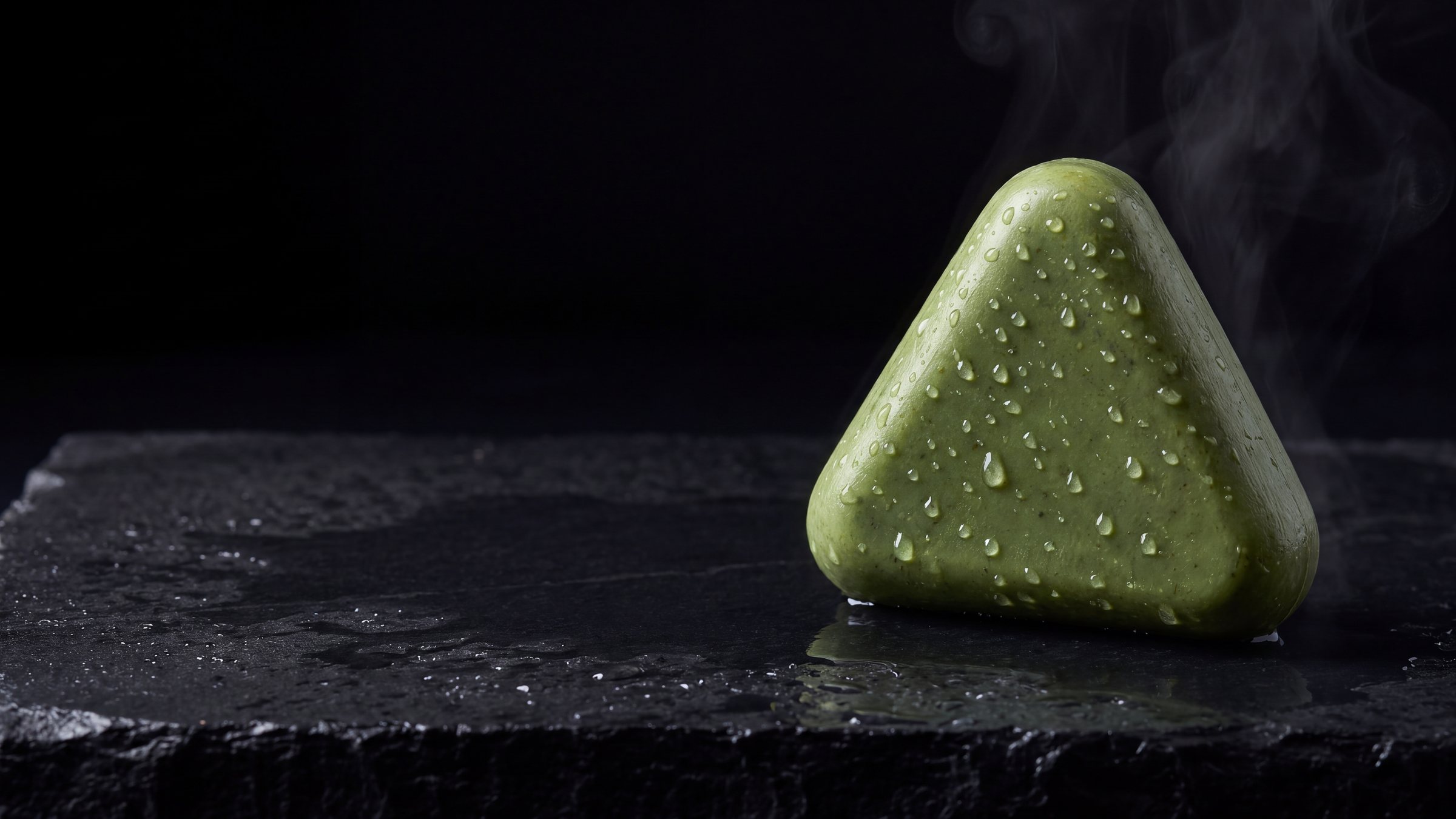 The green Scalp Bar on wet dark stone with water drops, lit from behind