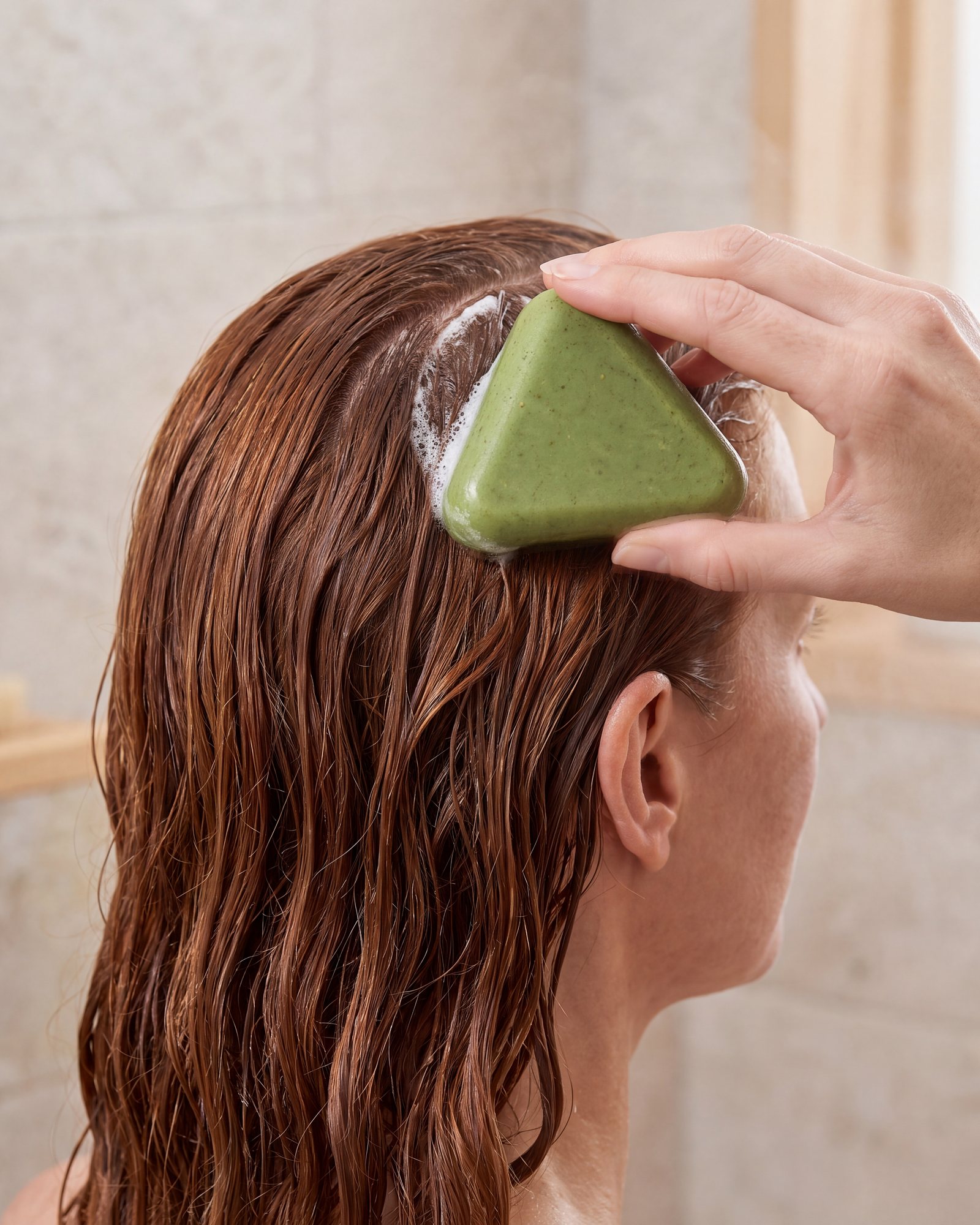 Gliding the Scalp Bar over a section of wet hair in the shower