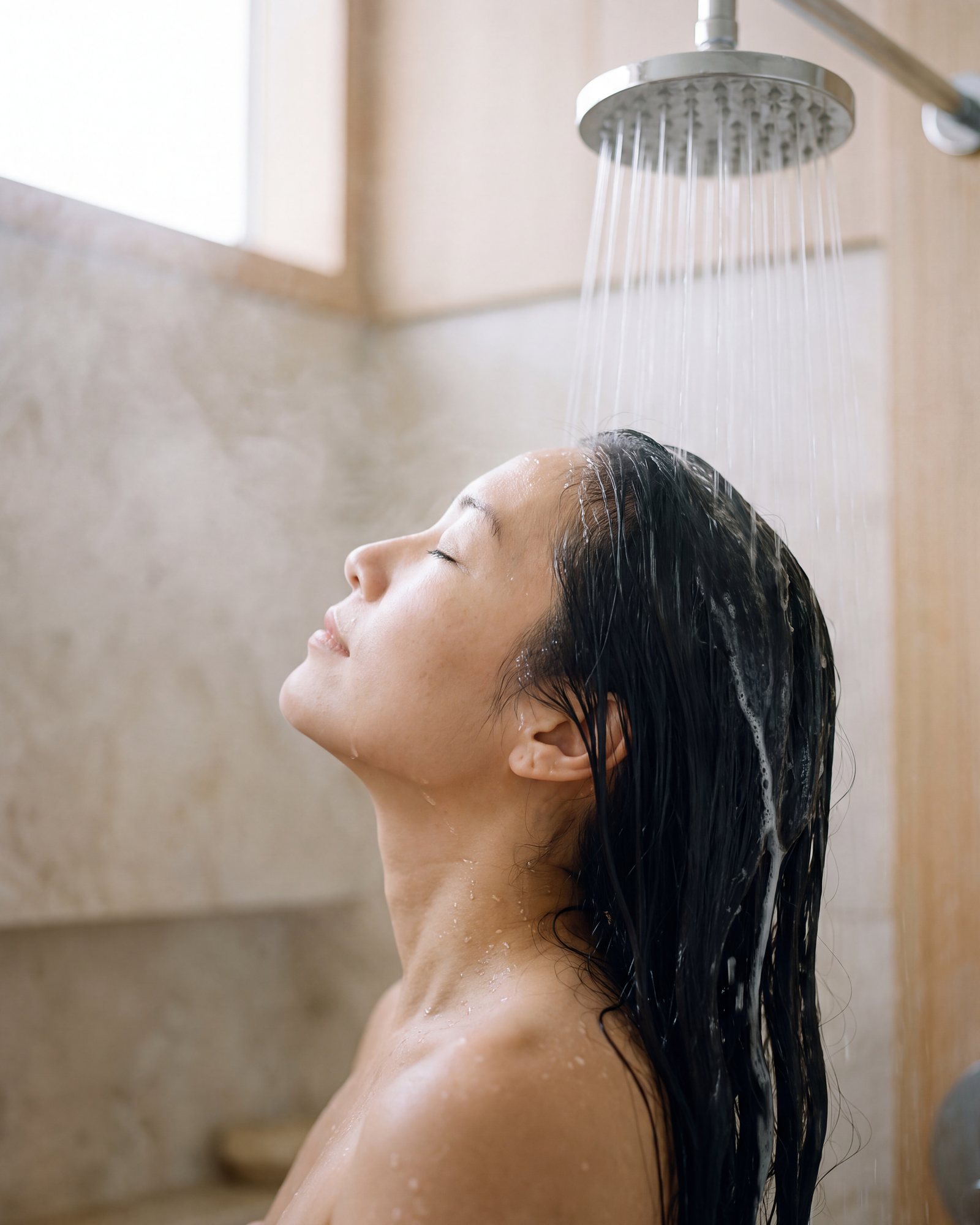 Rinsing the lather out of the hair under the shower