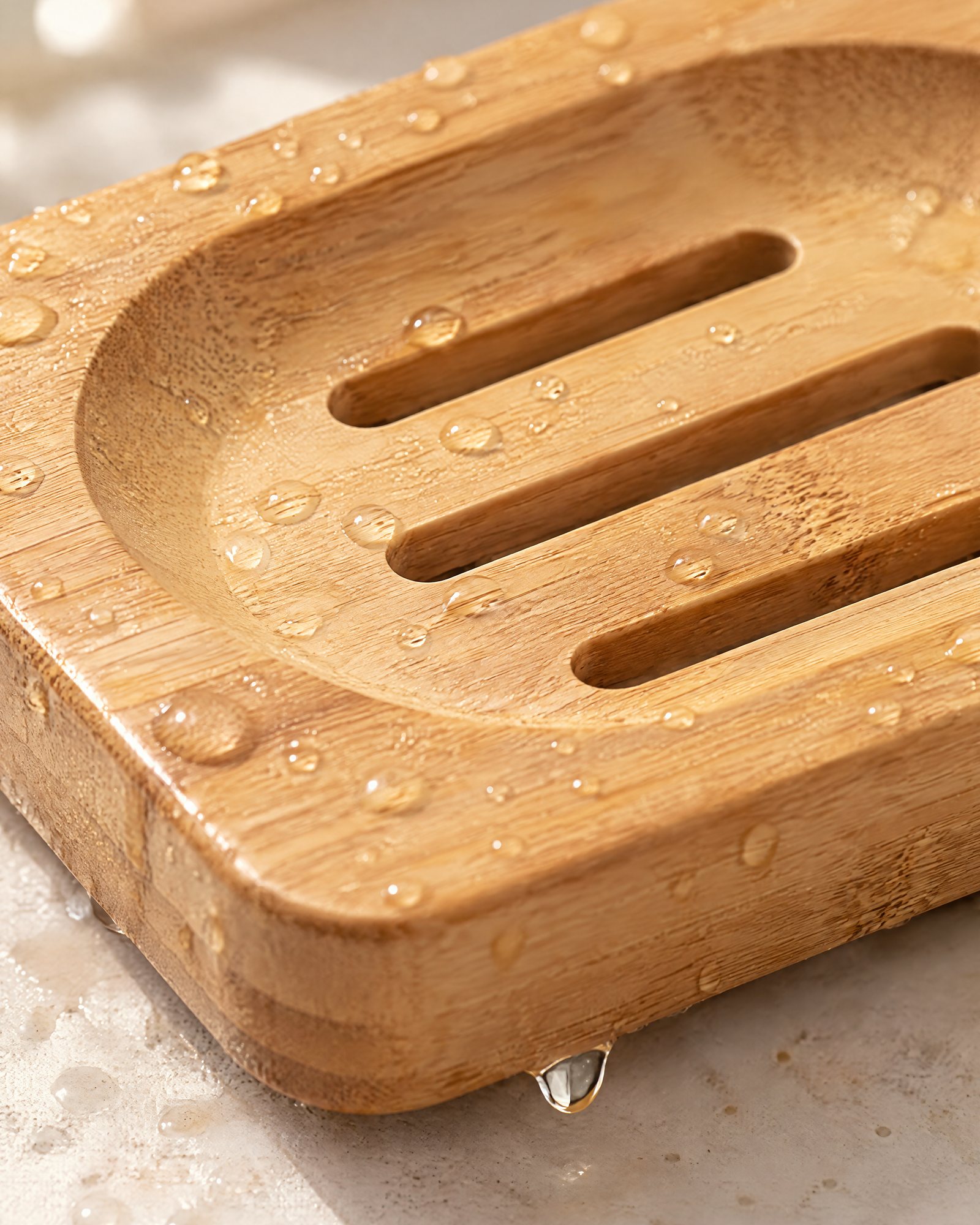 Close-up of the drainage slots and the bamboo grain with water running off