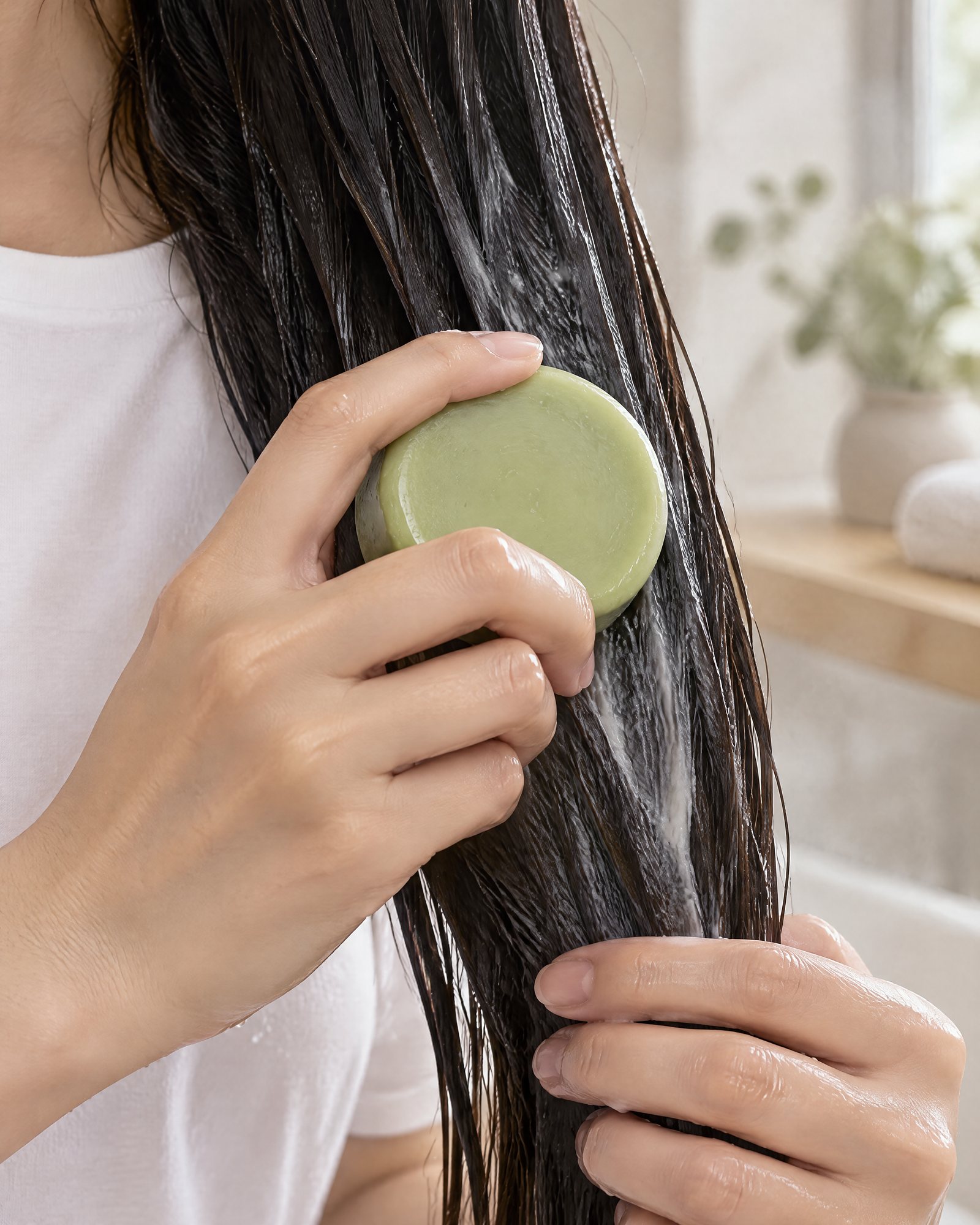 Gliding the Conditioner Bar down the wet lengths of long hair