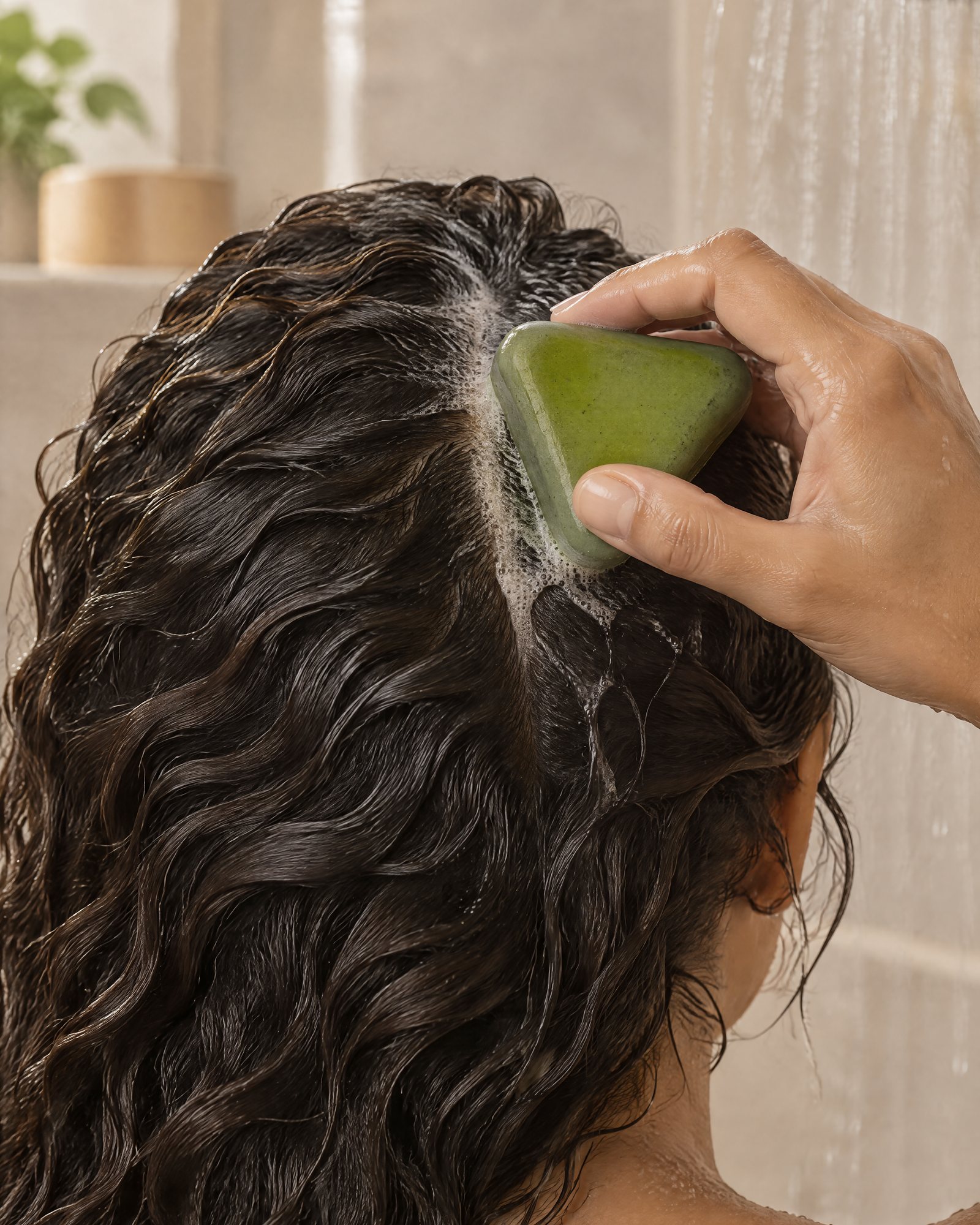 Gliding the Scalp Bar along a parted section of wet hair, a little lather on the scalp