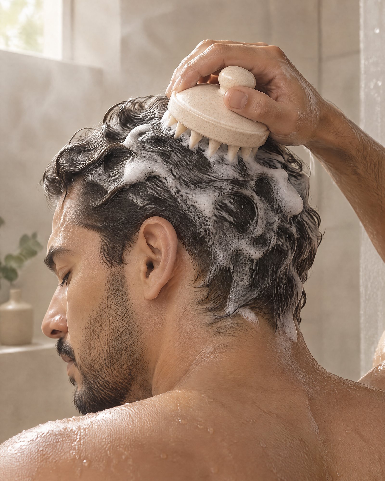 Holding the Scalp Massager by its knob on a lathered scalp in the shower