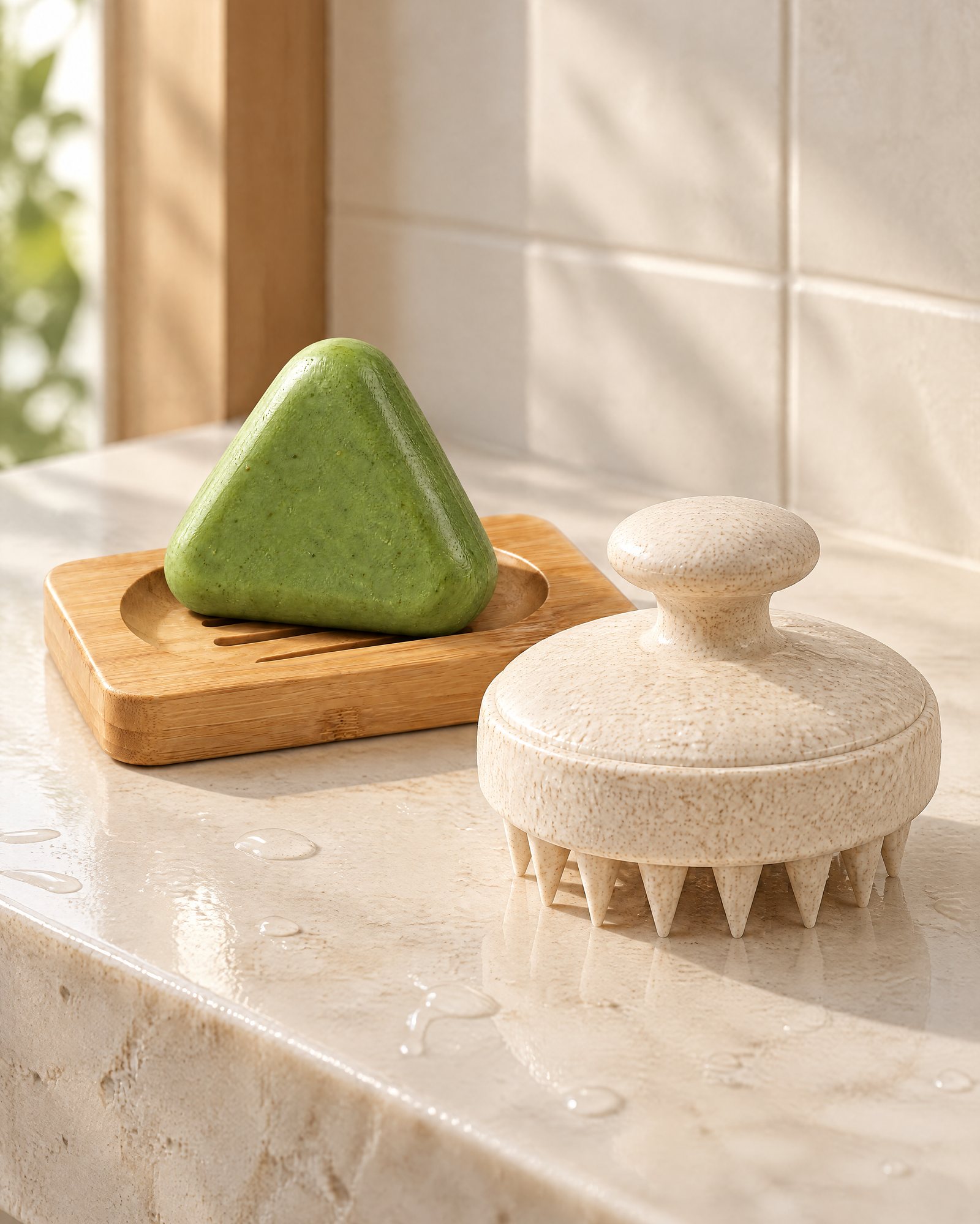 The Scalp Massager on a stone bath ledge next to the Scalp Bar on its dock