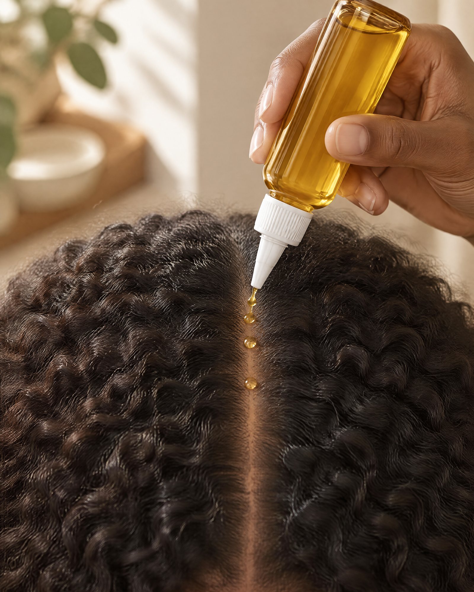 Dotting the oil along a straight part in dry hair with the nozzle