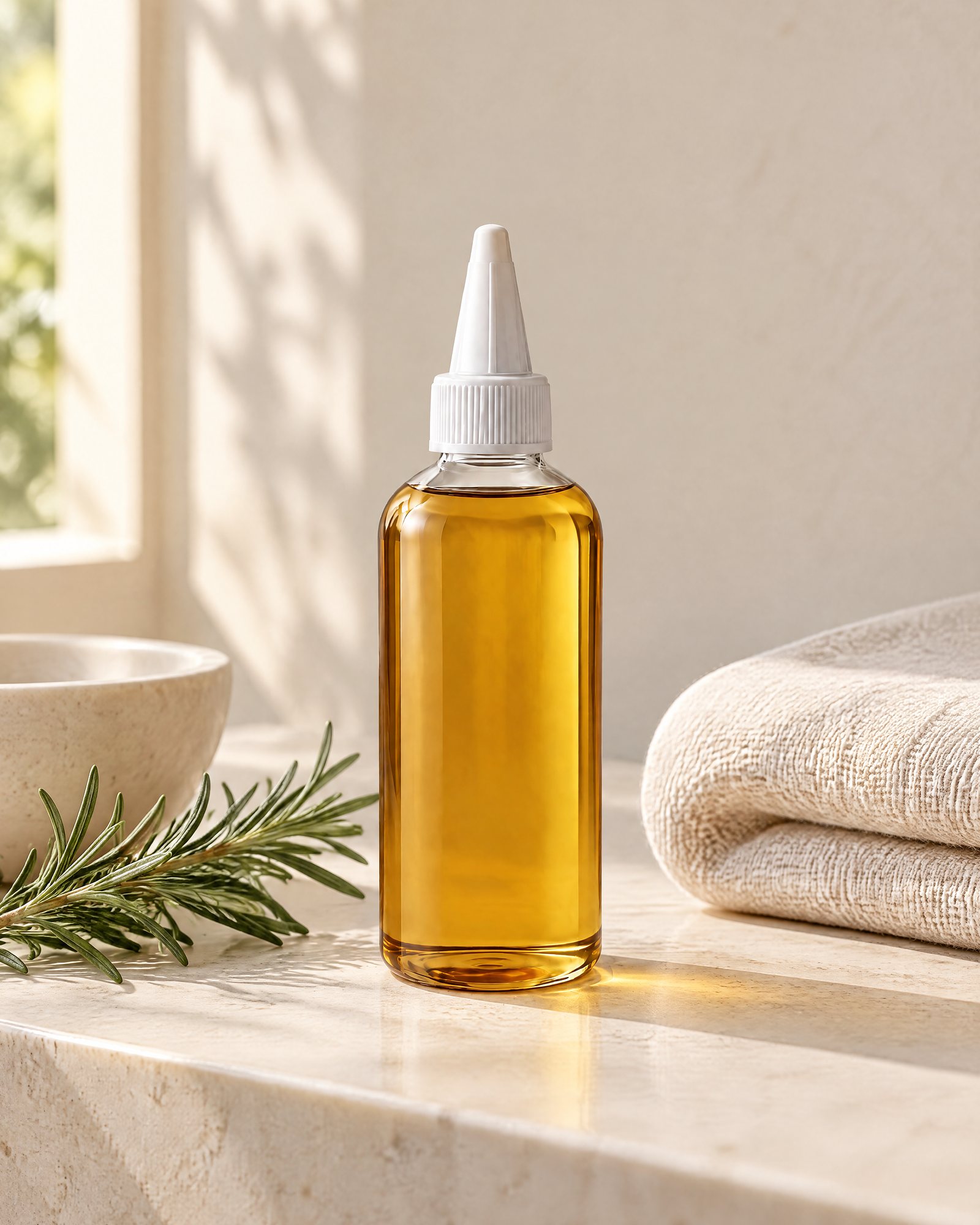 The Scalp Oil on a sunlit bathroom shelf with a folded linen towel and rosemary